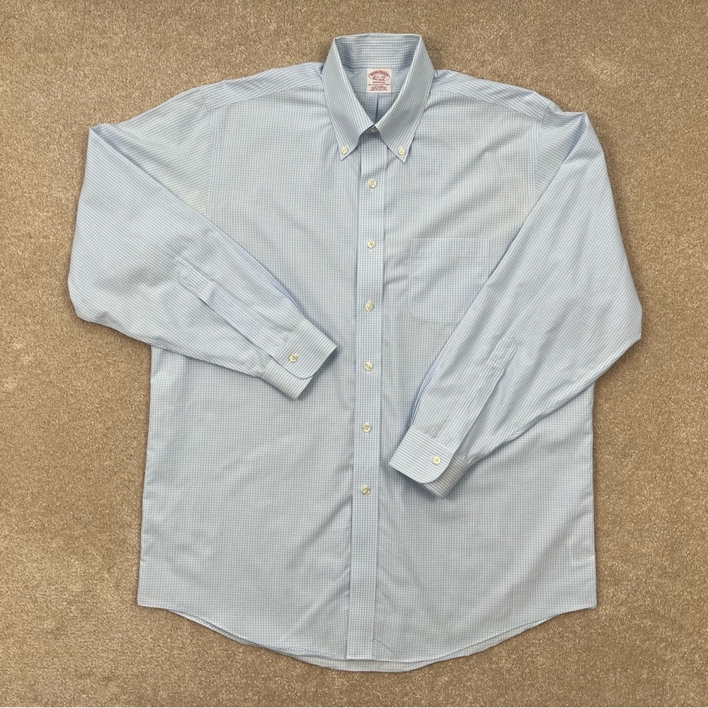 Brooks Brothers Madison Shirt Neck 16.5 Blue Check Button Up Non-Iron Preppy Men